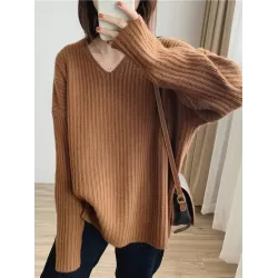 Casual Long Sleeves Loose Solid Color V-Neck Sweater Tops