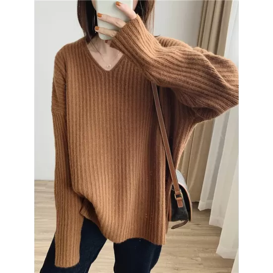 Casual Long Sleeves Loose Solid Color V-Neck Sweater Tops