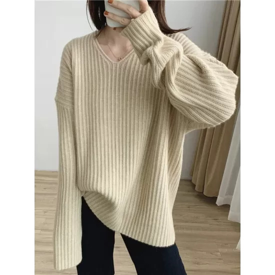 Casual Long Sleeves Loose Solid Color V-Neck Sweater Tops