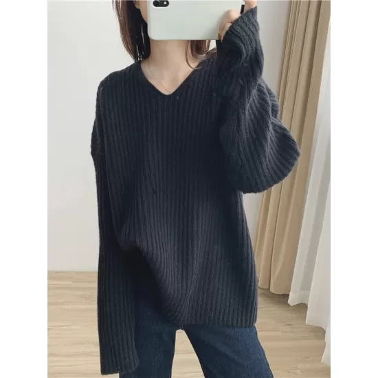 Casual Long Sleeves Loose Solid Color V-Neck Sweater Tops