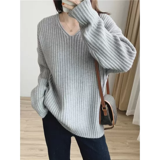 Casual Long Sleeves Loose Solid Color V-Neck Sweater Tops