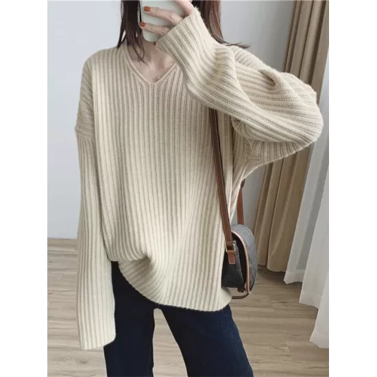 Casual Long Sleeves Loose Solid Color V-Neck Sweater Tops