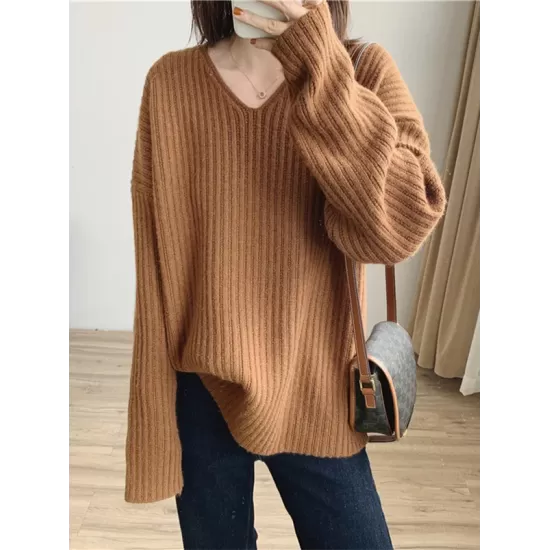 Casual Long Sleeves Loose Solid Color V-Neck Sweater Tops