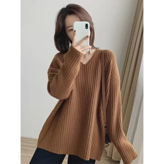 Casual Long Sleeves Loose Solid Color V-Neck Sweater Tops