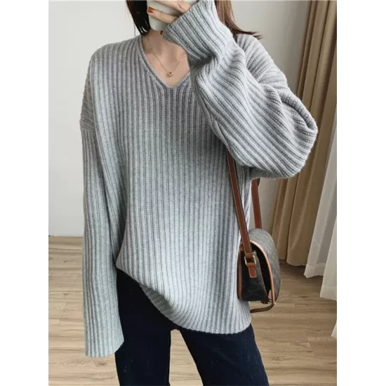 Casual Long Sleeves Loose Solid Color V-Neck Sweater Tops