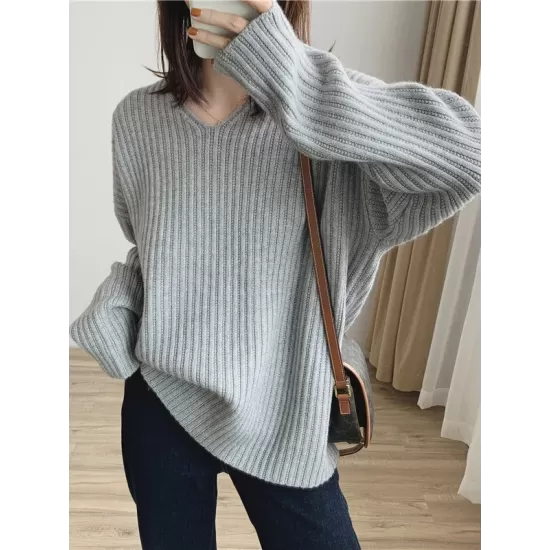 Casual Long Sleeves Loose Solid Color V-Neck Sweater Tops