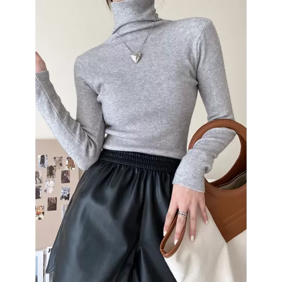 Simple Skinny Long Sleeves Solid Color High-Neck Pullovers