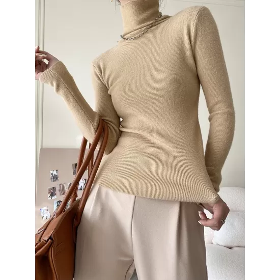 Simple Skinny Long Sleeves Solid Color High-Neck Pullovers