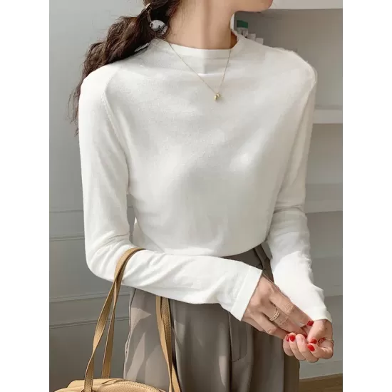 Simple Long Sleeves Skinny Solid Color High-Neck Pullovers