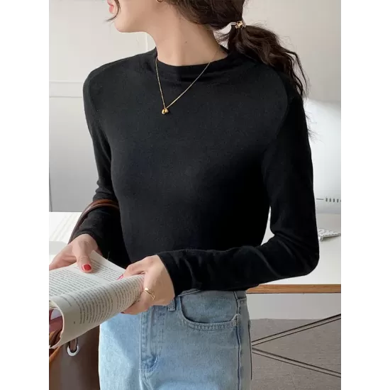 Simple Long Sleeves Skinny Solid Color High-Neck Pullovers