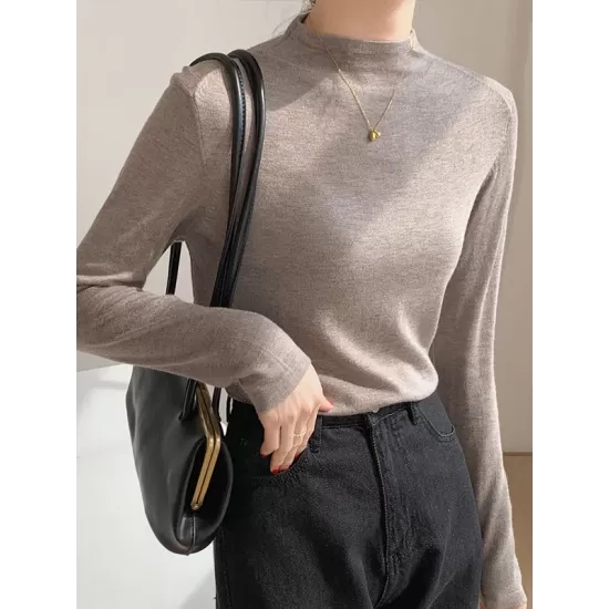 Simple Long Sleeves Skinny Solid Color High-Neck Pullovers