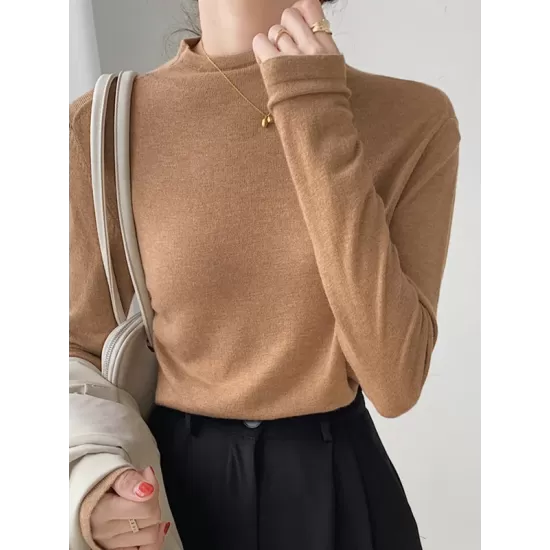 Simple Long Sleeves Skinny Solid Color High-Neck Pullovers