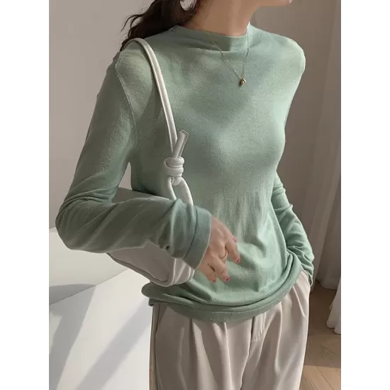 Simple Long Sleeves Skinny Solid Color High-Neck Pullovers