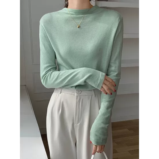 Simple Long Sleeves Skinny Solid Color High-Neck Pullovers