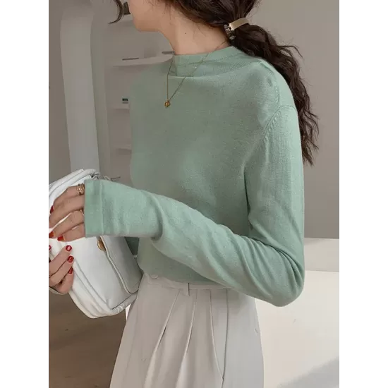 Simple Long Sleeves Skinny Solid Color High-Neck Pullovers