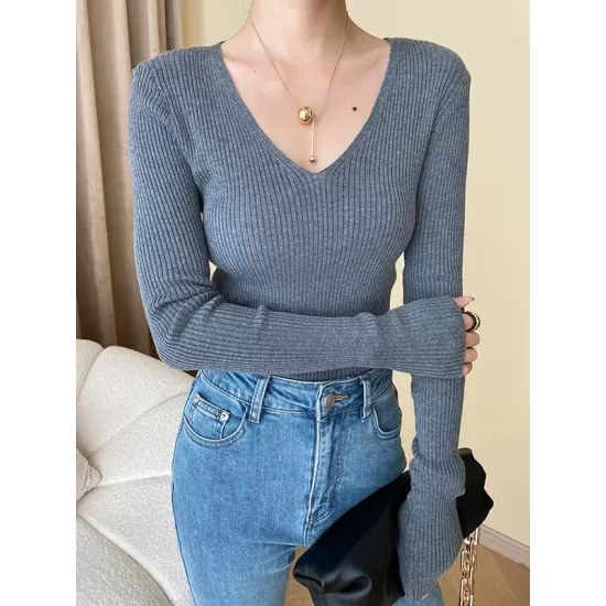 Solid Color Long Sleeves Skinny V-Neck Sweater Pullovers Knitwear