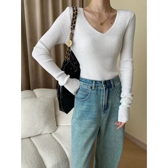 Solid Color Long Sleeves Skinny V-Neck Sweater Pullovers Knitwear