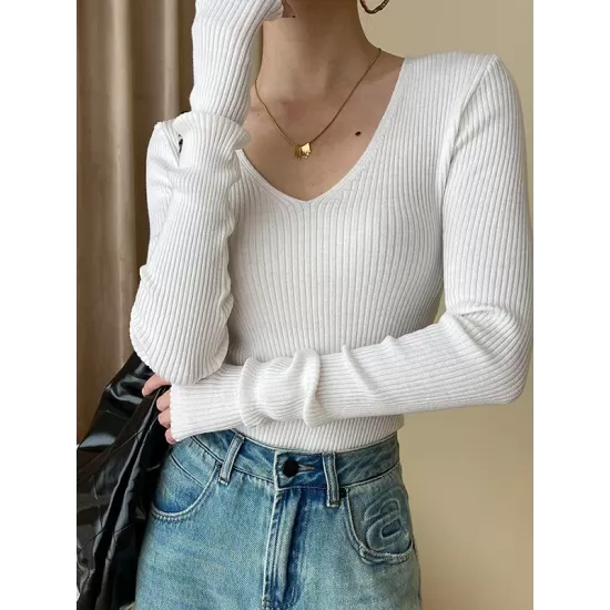 Solid Color Long Sleeves Skinny V-Neck Sweater Pullovers Knitwear