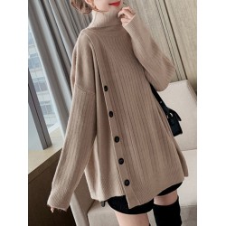 Asymmetric Buttoned High-low Long Sleeves High-neck Sweater Tops Pullovers Knitwear