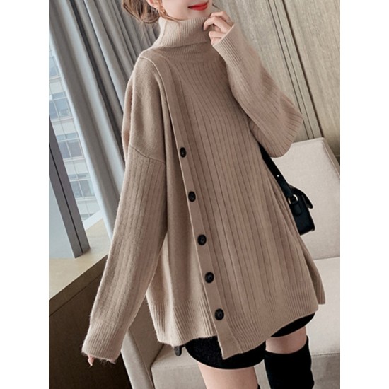 Asymmetric Buttoned High-low Long Sleeves High-neck Sweater Tops Pullovers Knitwear