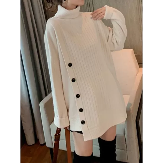 Asymmetric Buttoned High-low Long Sleeves High-neck Sweater Tops Pullovers Knitwear