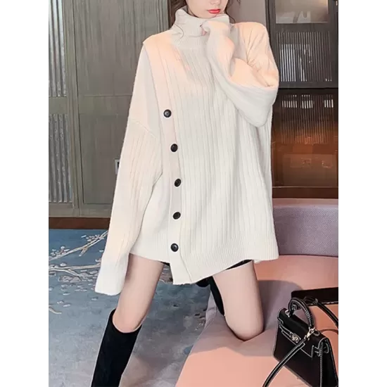 Asymmetric Buttoned High-low Long Sleeves High-neck Sweater Tops Pullovers Knitwear