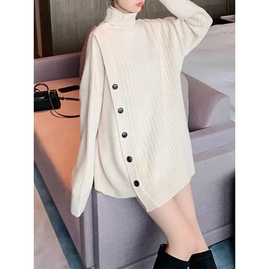 Asymmetric Buttoned High-low Long Sleeves High-neck Sweater Tops Pullovers Knitwear