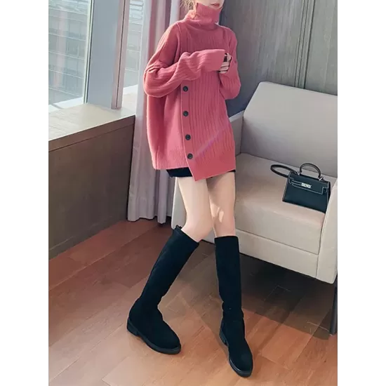 Asymmetric Buttoned High-low Long Sleeves High-neck Sweater Tops Pullovers Knitwear