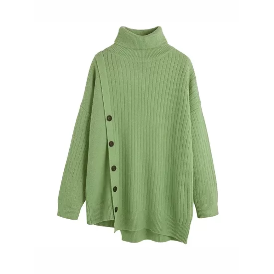 Asymmetric Buttoned High-low Long Sleeves High-neck Sweater Tops Pullovers Knitwear