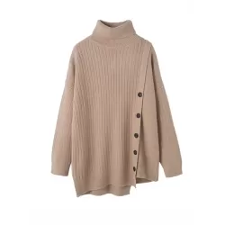 Asymmetric Buttoned High-low Long Sleeves High-neck Sweater Tops Pullovers Knitwear