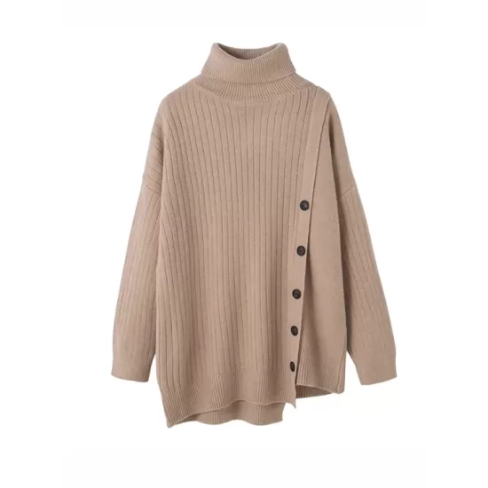 Asymmetric Buttoned High-low Long Sleeves High-neck Sweater Tops Pullovers Knitwear