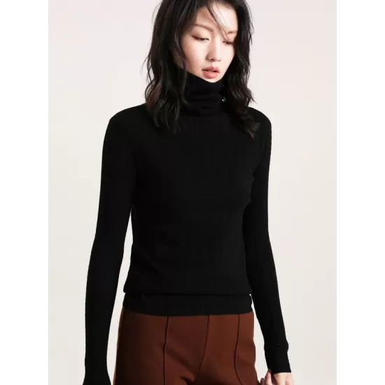 Casual Skinny Long Sleeves Solid Color Heaps Collar Sweater Tops Pullovers