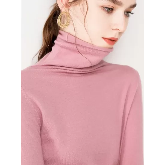 Casual Skinny Long Sleeves Solid Color Heaps Collar Sweater Tops Pullovers