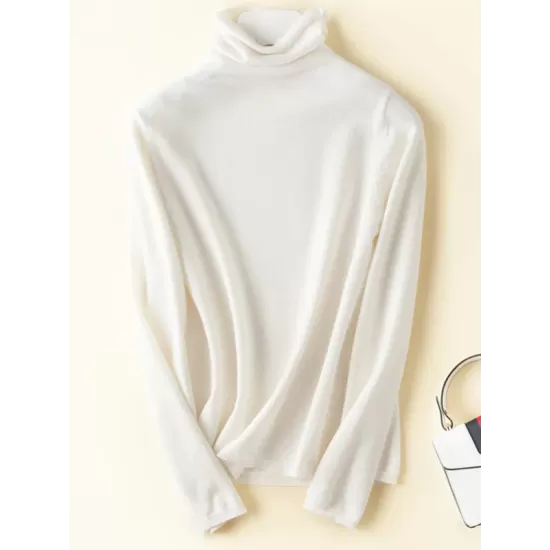 Casual Skinny Long Sleeves Solid Color Heaps Collar Sweater Tops Pullovers