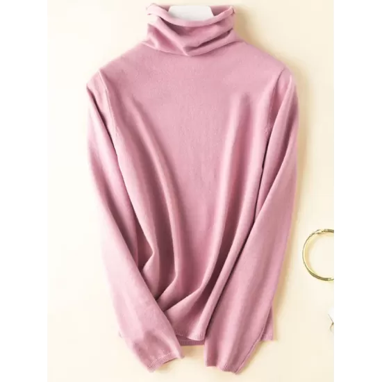 Casual Skinny Long Sleeves Solid Color Heaps Collar Sweater Tops Pullovers