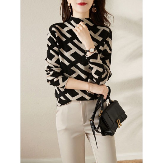 Original Skinny Long Sleeves Contrast Color Jacquard High-Neck Sweater Tops