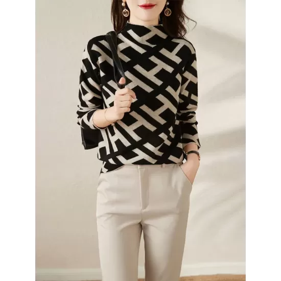 Original Skinny Long Sleeves Contrast Color Jacquard High-Neck Sweater Tops