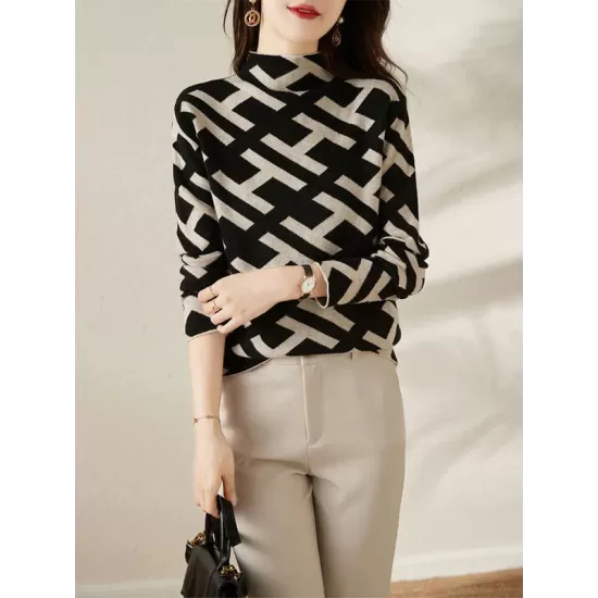 Original Skinny Long Sleeves Contrast Color Jacquard High-Neck Sweater Tops