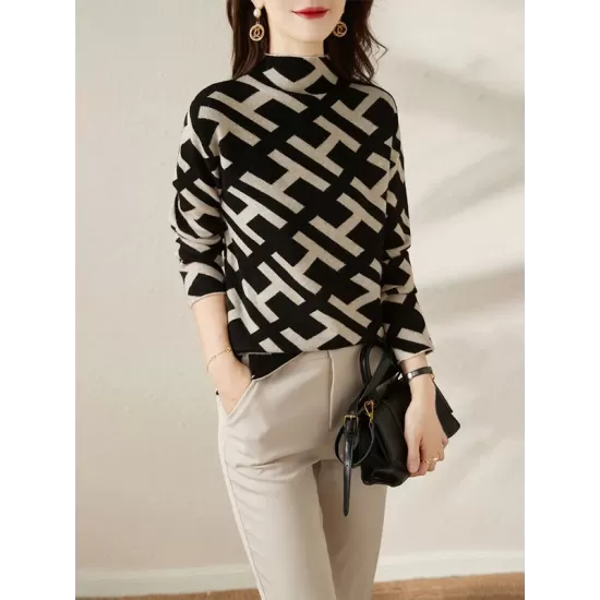 Original Skinny Long Sleeves Contrast Color Jacquard High-Neck Sweater Tops