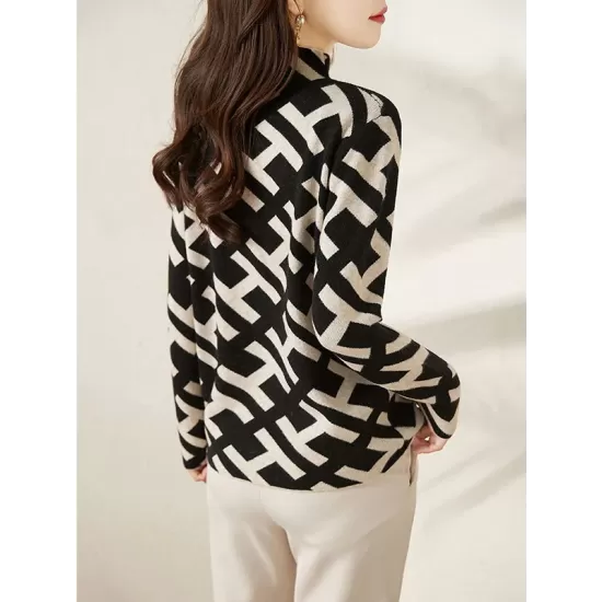 Original Skinny Long Sleeves Contrast Color Jacquard High-Neck Sweater Tops