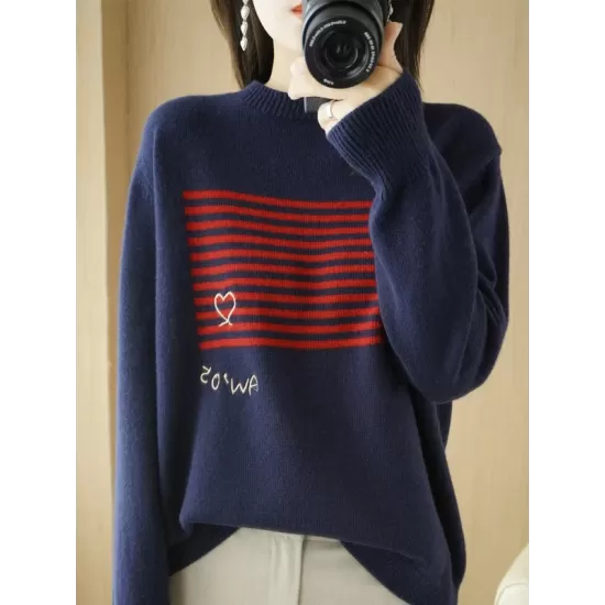 Casual Loose Long Sleeves Striped Round-Neck Sweater Tops