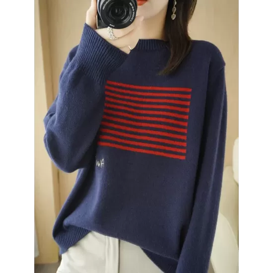 Casual Loose Long Sleeves Striped Round-Neck Sweater Tops