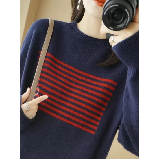 Casual Loose Long Sleeves Striped Round-Neck Sweater Tops