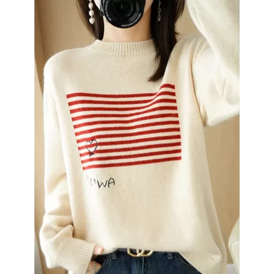 Casual Loose Long Sleeves Striped Round-Neck Sweater Tops