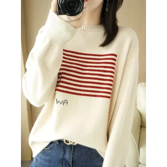 Casual Loose Long Sleeves Striped Round-Neck Sweater Tops