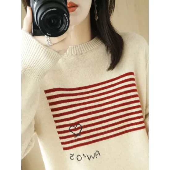 Casual Loose Long Sleeves Striped Round-Neck Sweater Tops