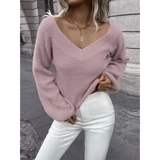 Casual Long Sleeves Loose Solid Color V-Neck Sweater Tops