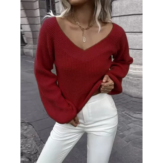 Casual Long Sleeves Loose Solid Color V-Neck Sweater Tops