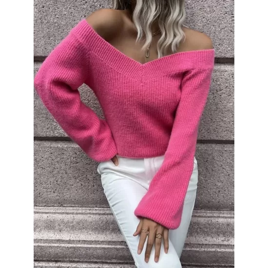 Casual Long Sleeves Loose Solid Color V-Neck Sweater Tops