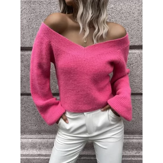 Casual Long Sleeves Loose Solid Color V-Neck Sweater Tops